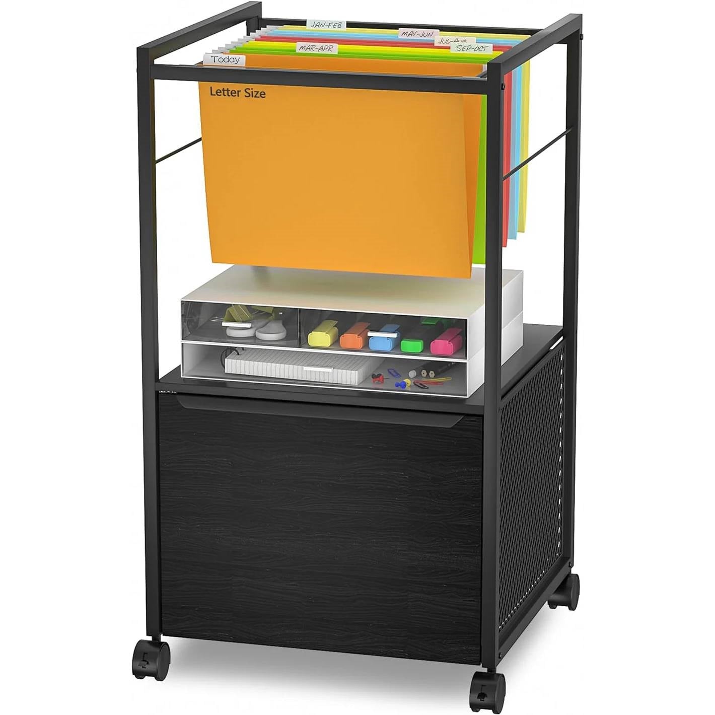 Black Metal Wood Rolling File Cabinet with Open File Hanging Bar