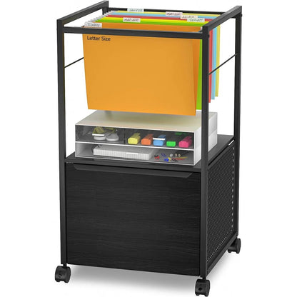 Black Metal Wood Rolling File Cabinet with Open File Hanging Bar