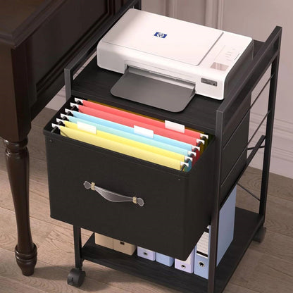 Black Wood Metal Printer Stand Table File Cabinet with Fabric Drawer on Wheels