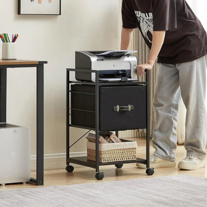 Black Wood Metal Printer Stand Table File Cabinet with Fabric Drawer on Wheels