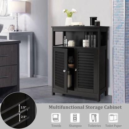 Black Farmhouse Bathroom Linen Cabinet with Louvered Doors and Open Shelf