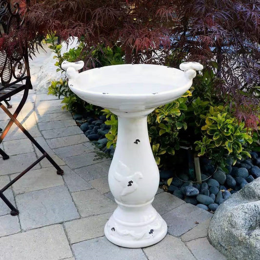 Outdoor Off-White Ceramic Birdbath in Light-Brown Antique Finish