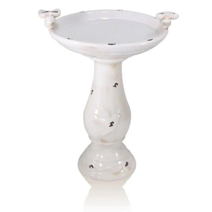 Outdoor Off-White Ceramic Birdbath in Light-Brown Antique Finish