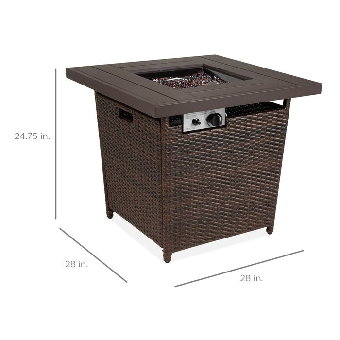 Brown Resin Wicker Fire Pit LP Gas Propane w/ Faux Wood Tabletop and Cover