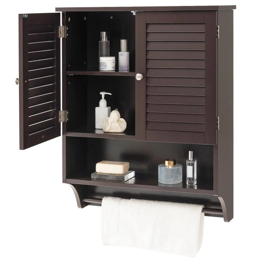 Brown Wall-Mounted Bathroom Medicine Cabinet with Louver Doors and Towel Bar
