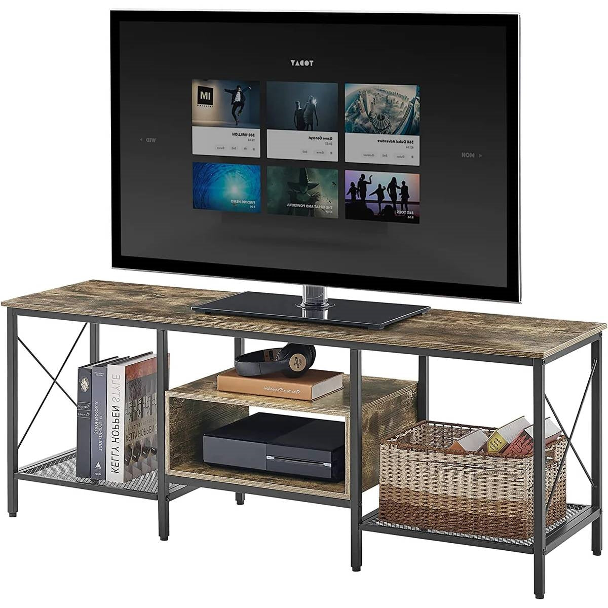 Industrial Farmhouse Metal Wood TV Stand with Media Storage Shelves