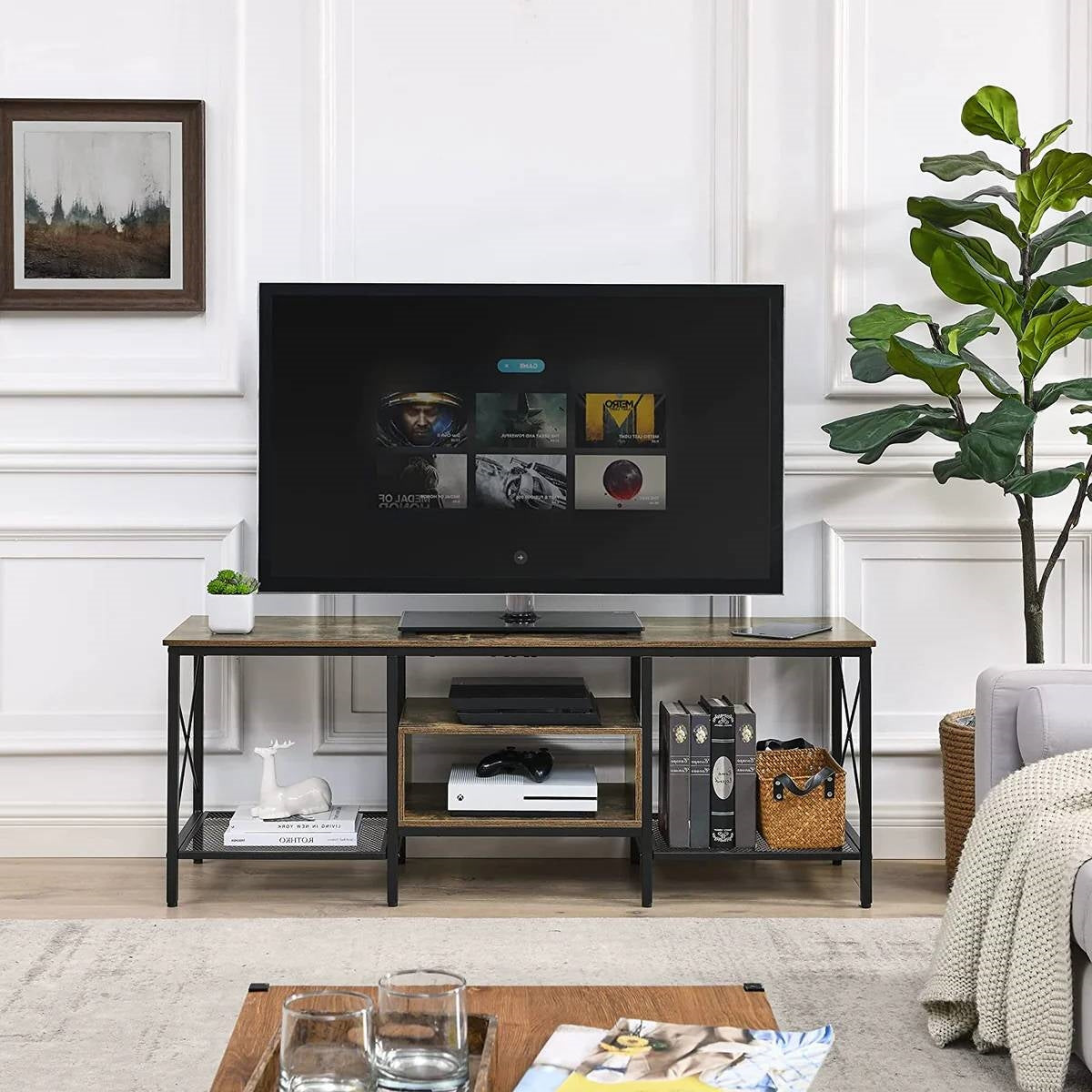 Industrial Farmhouse Metal Wood TV Stand with Media Storage Shelves