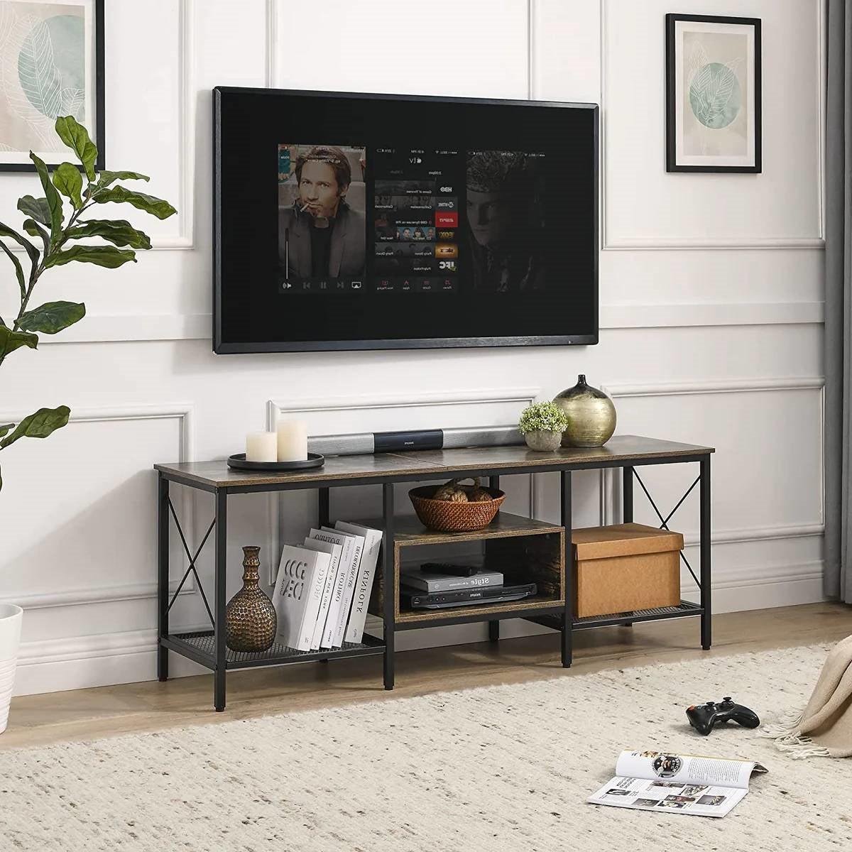 Industrial Farmhouse Metal Wood TV Stand with Media Storage Shelves