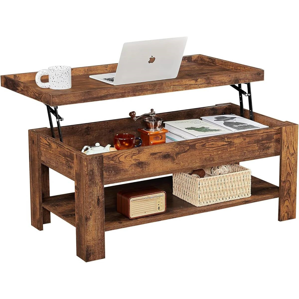 Modern Lift Top Coffee Table with Storage Shelf in Brown Wood Finish