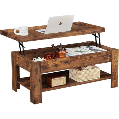 Modern Lift Top Coffee Table with Storage Shelf in Brown Wood Finish
