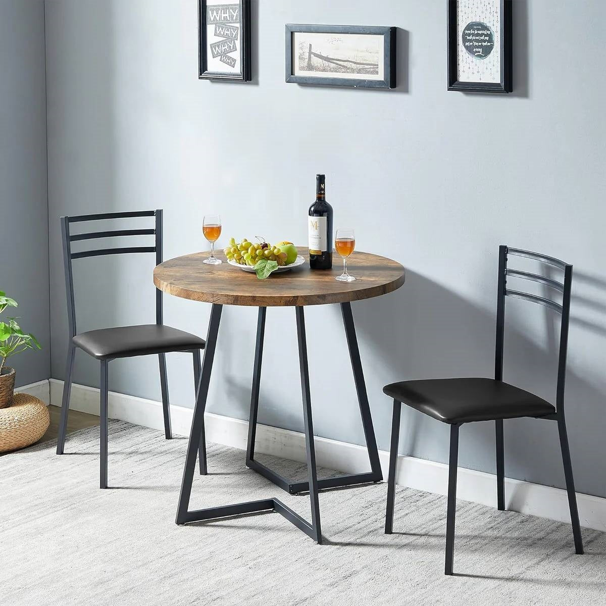 Modern 3-Piece Kitchen Dining Set with Round Wood-Top Table and 2 Chairs