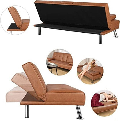 Brown Modern Faux Leather Cup Holders Convertible Sofa Bed Futon Sleeper