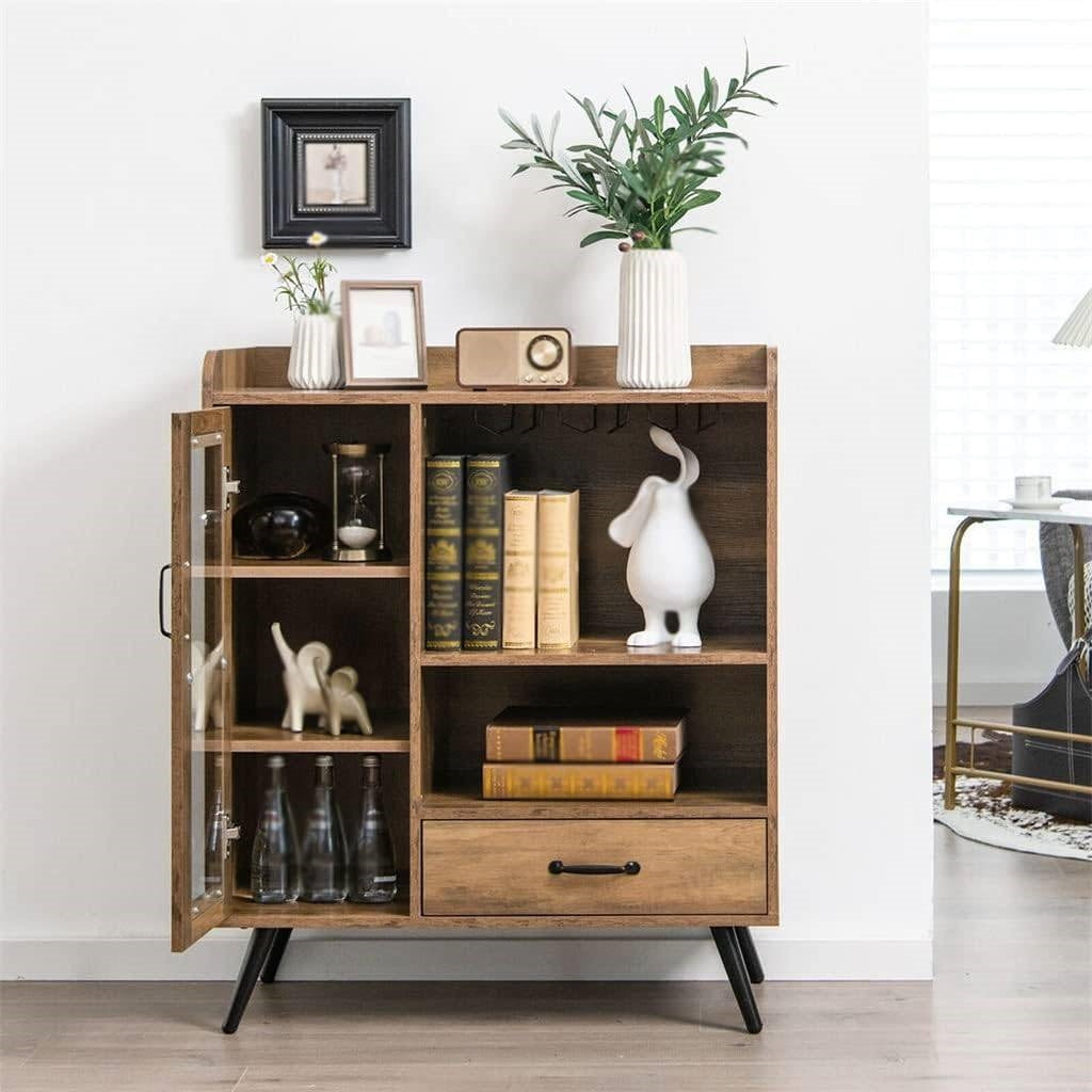 Mid-Century Modern Sideboard Wood Buffet Cabinet Wine Rack and Glass Storage