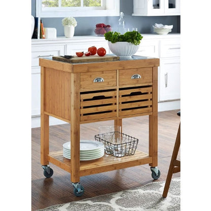 Stainless Steel Top Bamboo Wood Kitchen Cart with Casters