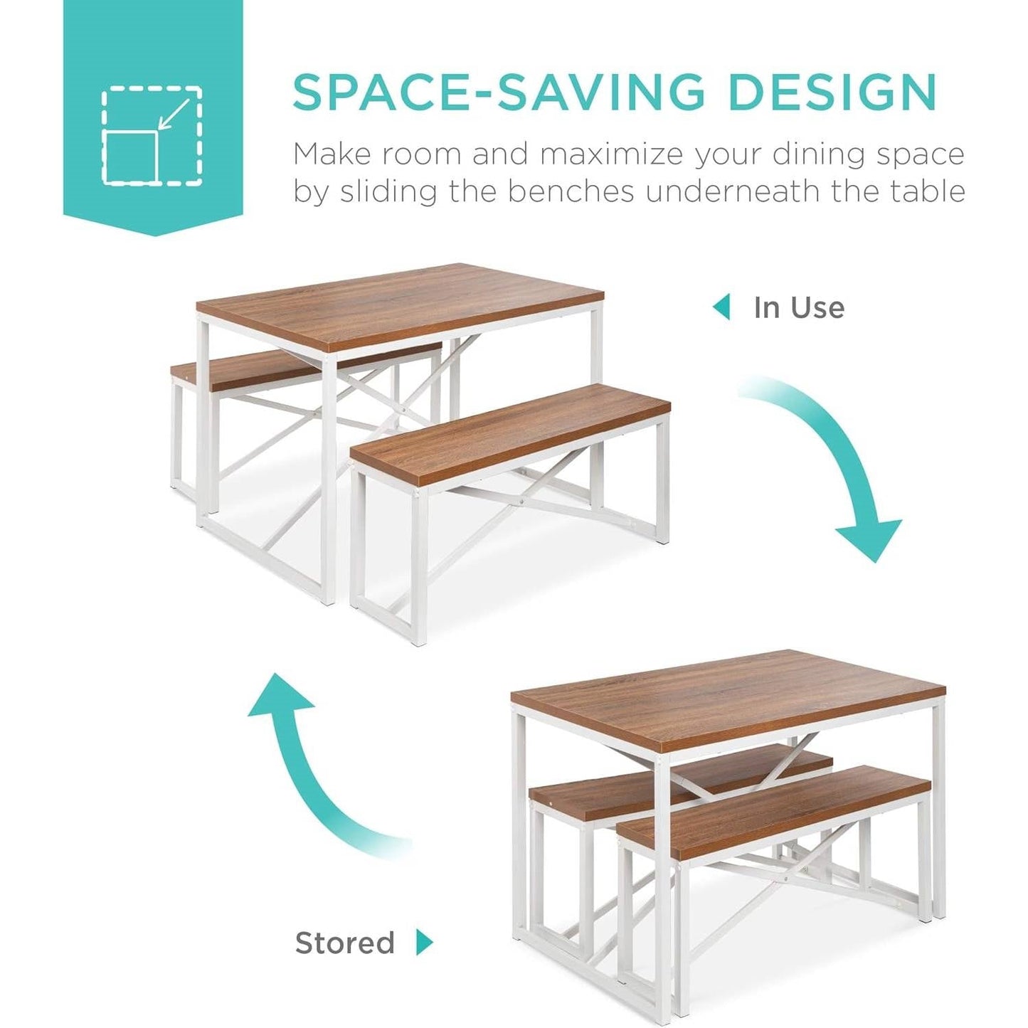 Modern 3-Piece Dining Set Wood Top White Metal Frame Table and 2 Bench Chairs