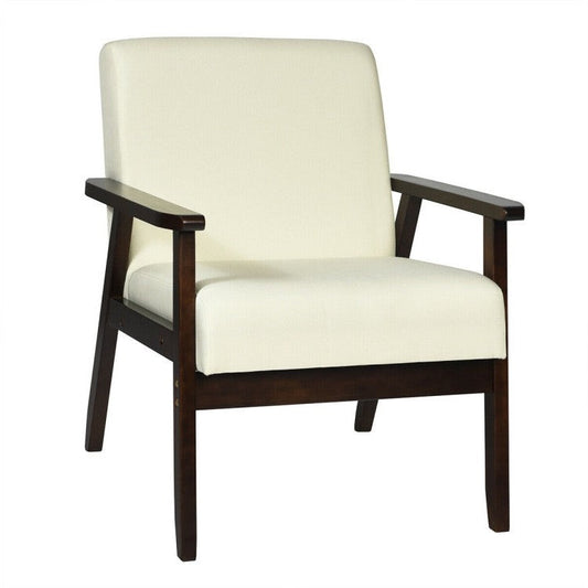 Retro Modern Classic Beige Linen Wide Accent Chair with Espresso Wood Frame