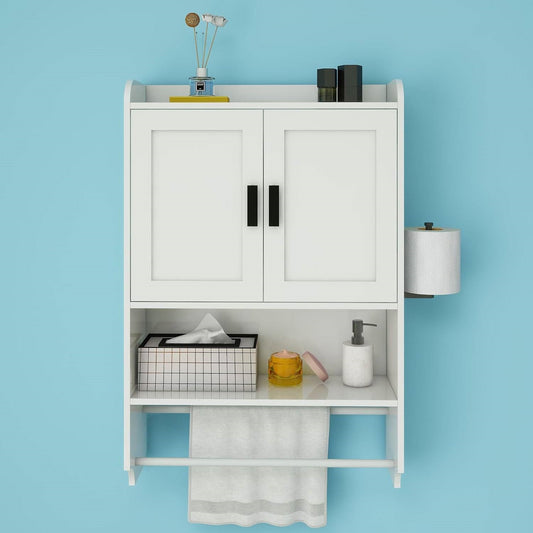White Bathroom Wall Cabinet with Towel Bar and Storage Shelf