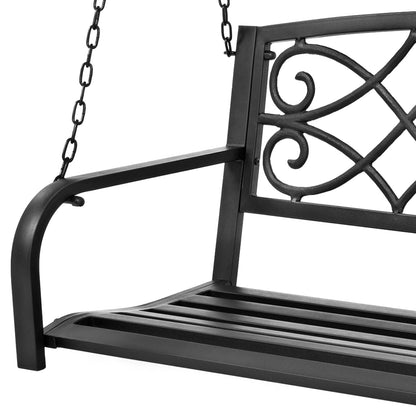 Farmhouse Black Sturdy 2 Seat Porch Swing Bench Scroll Accents