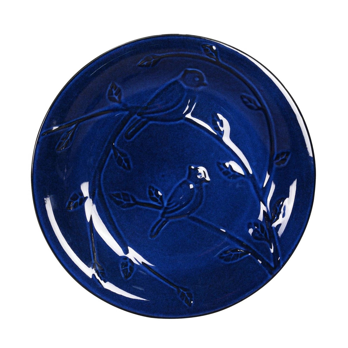 Blue Ceramic Birdbath with 1/2 Gallon Water Basin and Bird Branch Leaf Detailing