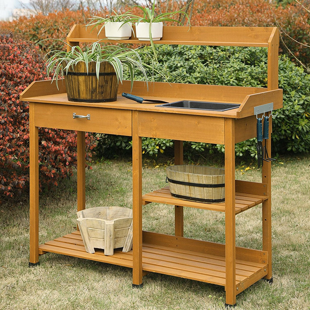 Wooden Potting Bench Work Table-sink Light Oak Finish