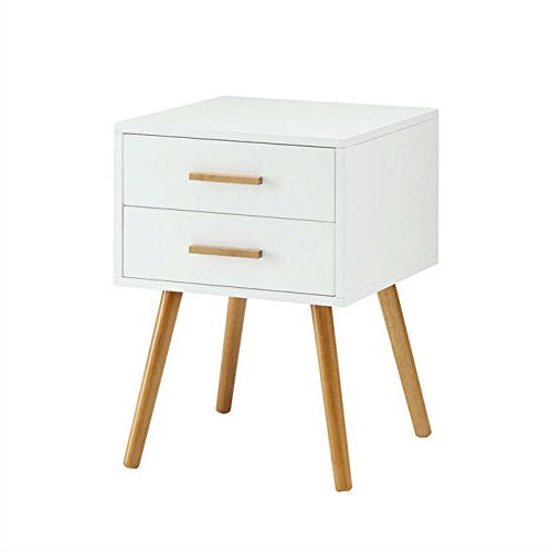 Modern 2-Drawer End Table Nightstand in White with Mid-Century Style Wood Legs