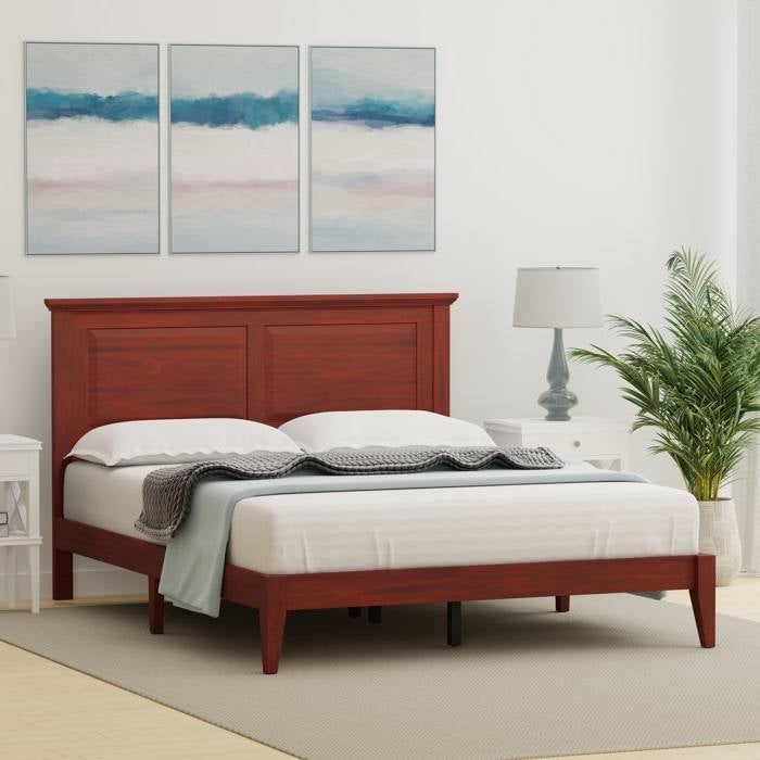 Queen Traditional Solid Oak Wooden Platform Bed Frame with Headboard in Cherry