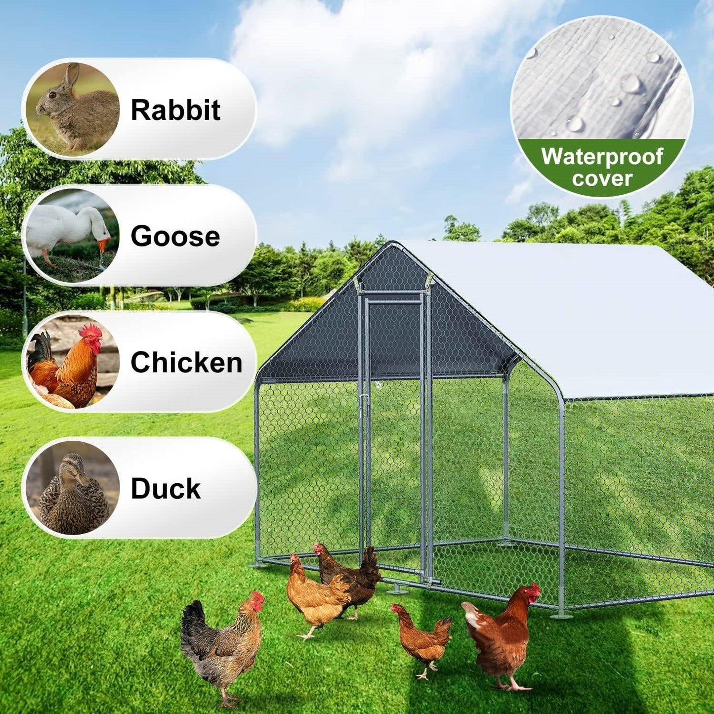 9.8 Ft x 6.5 Ft. Large Metal Outdoor Walk-in Chicken Coop with Waterproof Cover