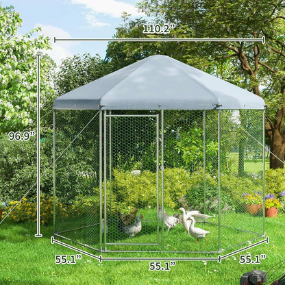 Hexagonal 9.2 Ft Outdoor Backyard Walk-in Metal Chicken Coop w/ Waterproof Cover