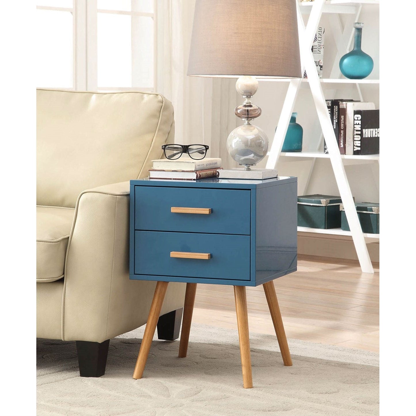 Modern Classic Mid-Century Style End Table Nightstand in Blue Finish