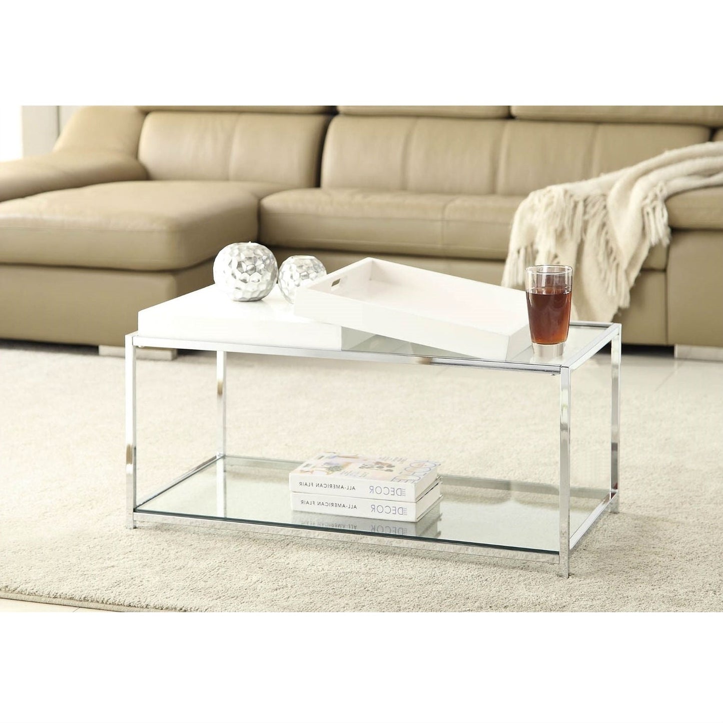 Modern Chrome Metal Coffee Table with 2 White Removable Trays