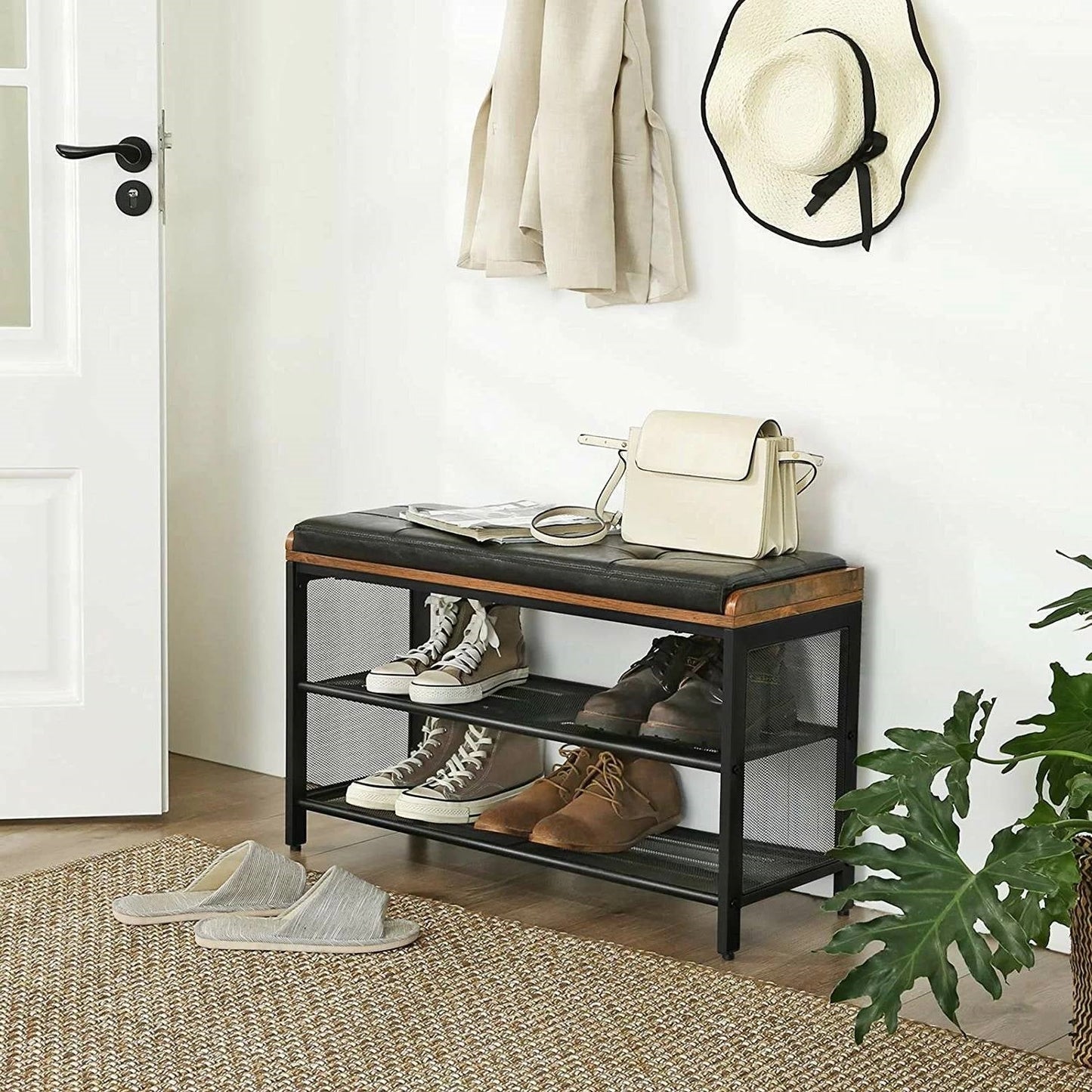 Black Metal Entryway Shoe Rack Storage Bench with Padded Seat Cushion