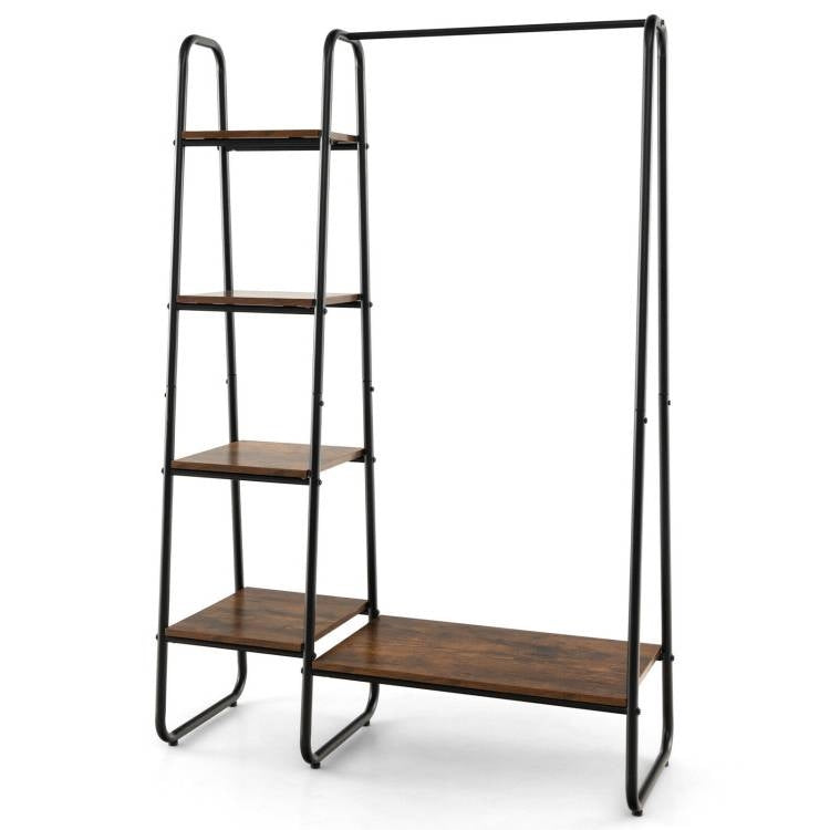 Industrial Wood Metal Garment Rack Clothes Hanging Bar with Storage Shelves