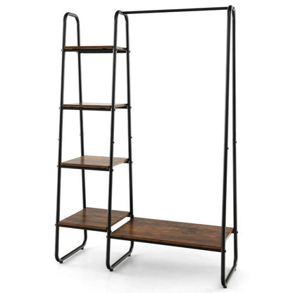 Industrial Wood Metal Garment Rack Clothes Hanging Bar with Storage Shelves