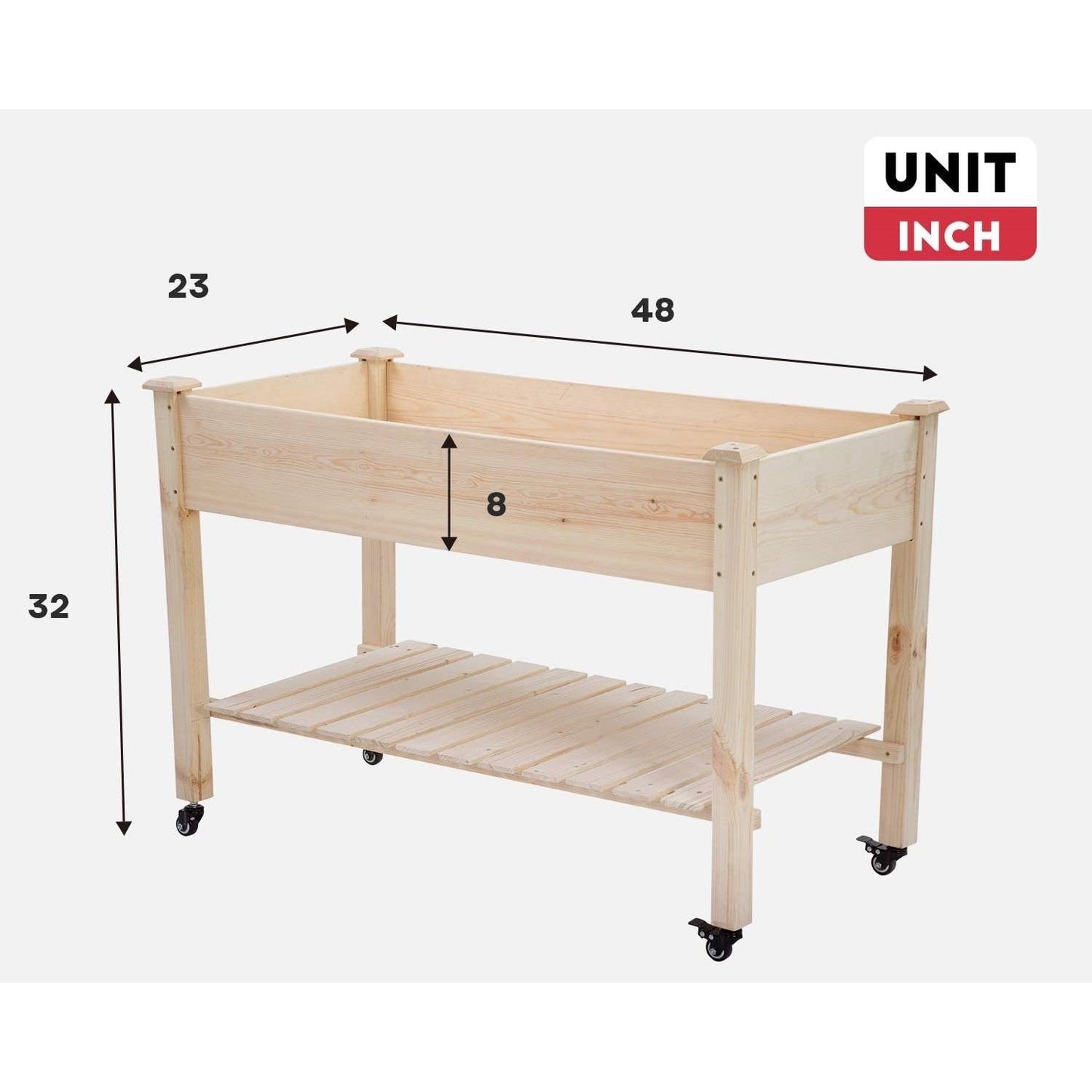 2ft x 4ft Outdoor Solid Fir Wood Raised Garden Bed Planter Box on Locking Wheels