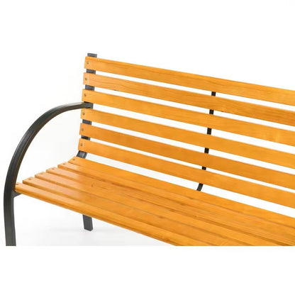 Outdoor Black Metal Frame Garden Bench with Wood Slats and Curved Armrests