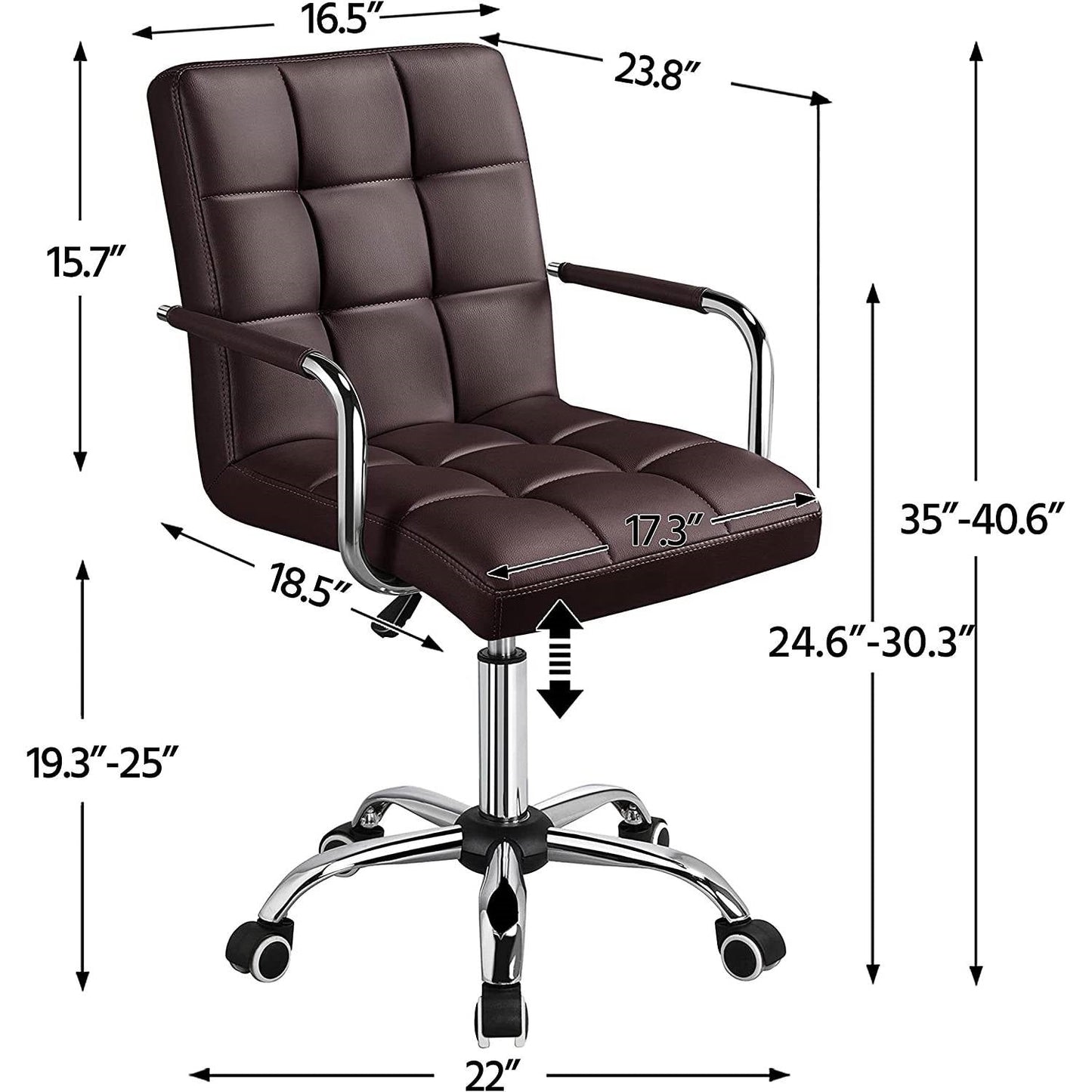 Dark Brown Modern Faux Leather Mid-Back Office Chair with Armrests and Wheels