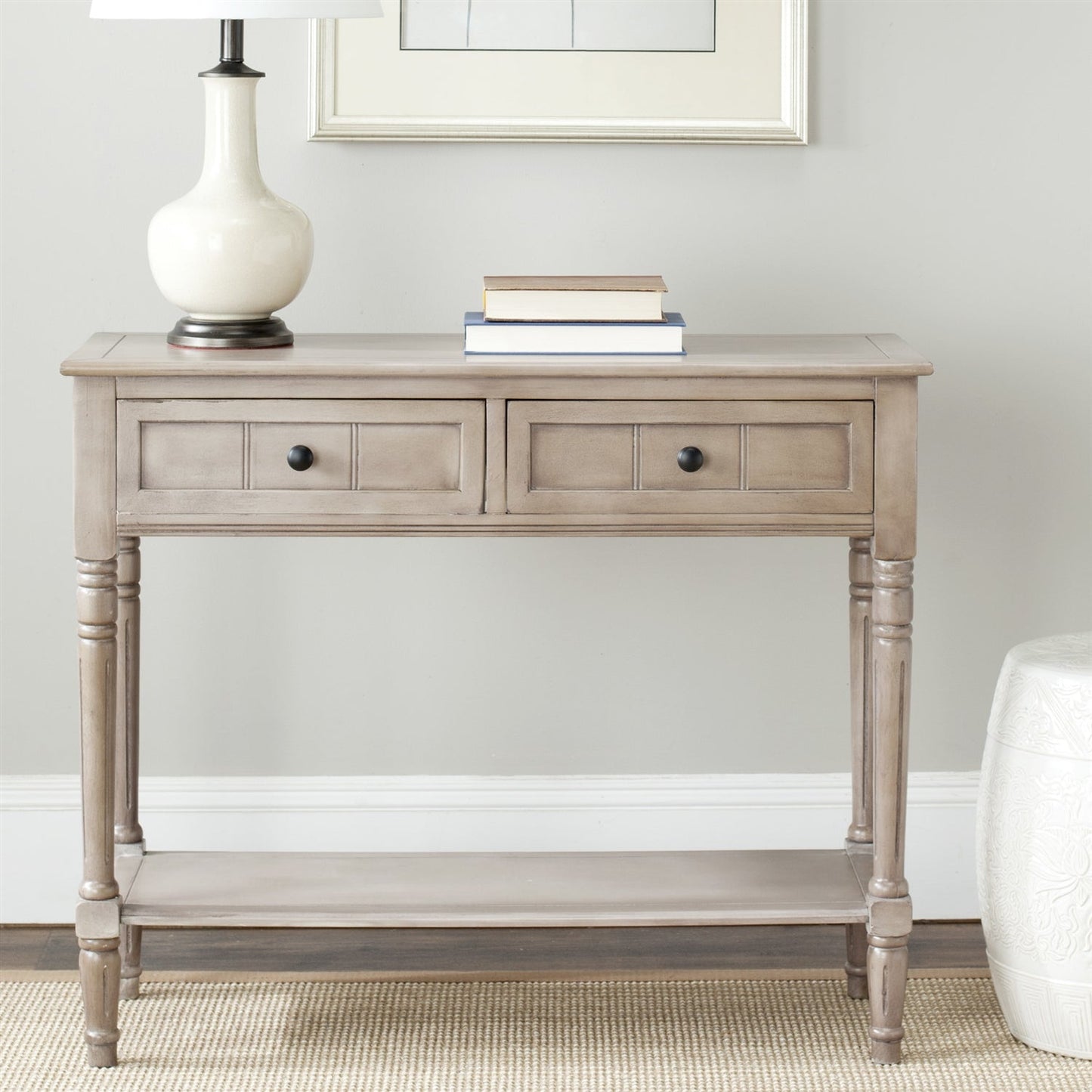 Console Accent Table Traditional Style Sofa Table in Distressed Cream