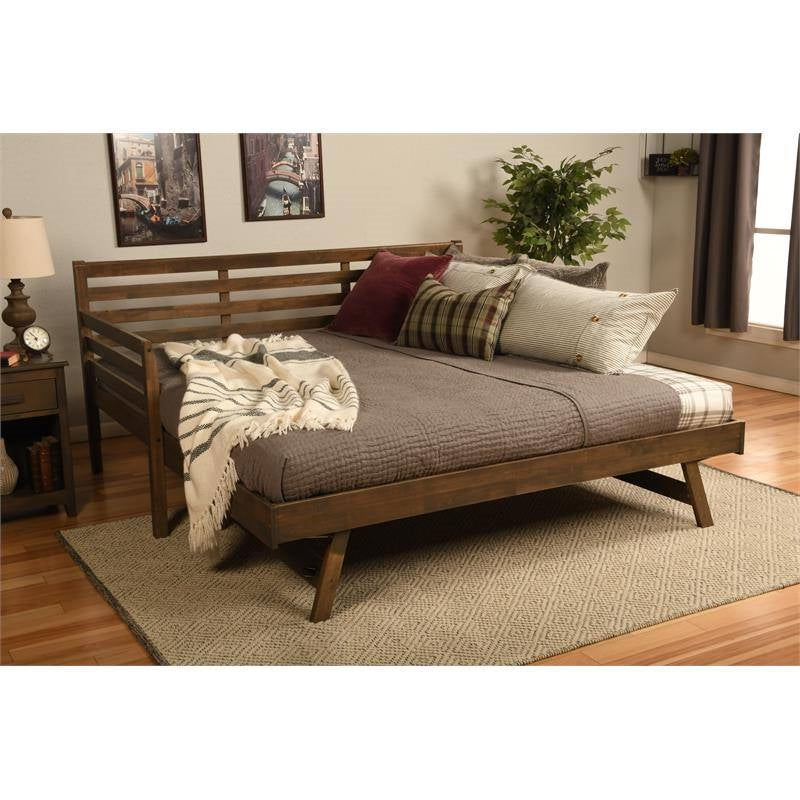 Solid Wood Daybed Frame with Twin Pop-Up Trundle Bed in Walnut Finish