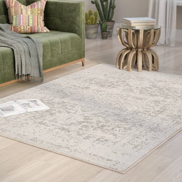 5' x 7' Distressed Oriental Area Rug in Light Grey / Beige