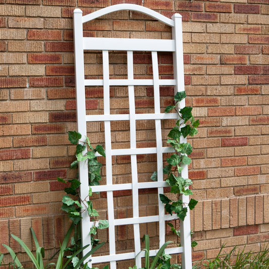 6 Ft White Vinyl Garden Trellis with Arch Top with Ground Mount Anchors