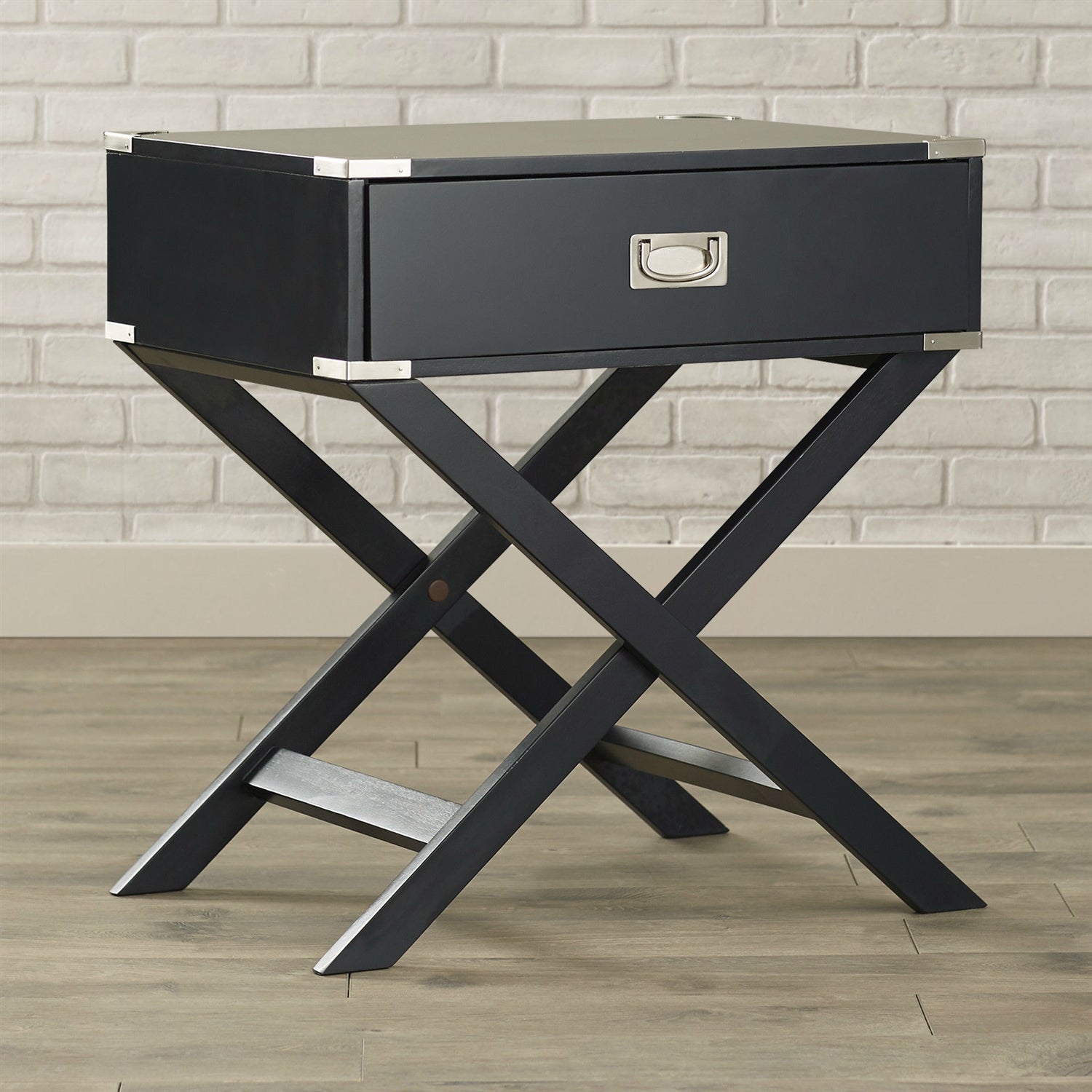 Dark Grey Black 1-Drawer End Table Nightstand with Modern Classic X Style Legs