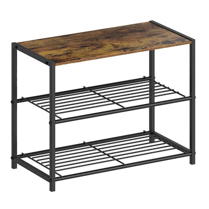 2-Shelf Entryway Shoe Rack Bench with Black Metal Frame and Brown Wood Top