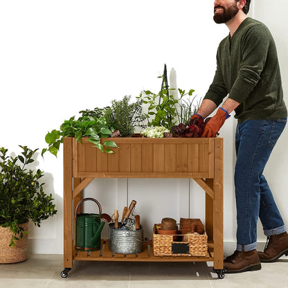 Outdoor Elevated Raised Garden Bed Planter Box with Locking Wheels