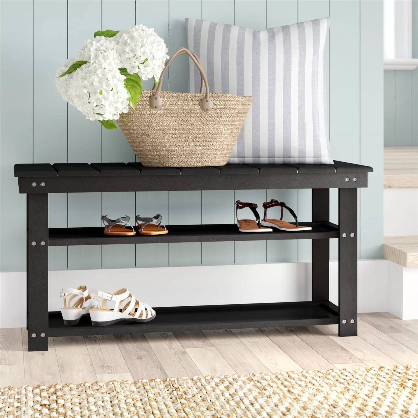 Black Wooden 2-Shelf Shoe Rack Storage Bench for Entryway or Closet