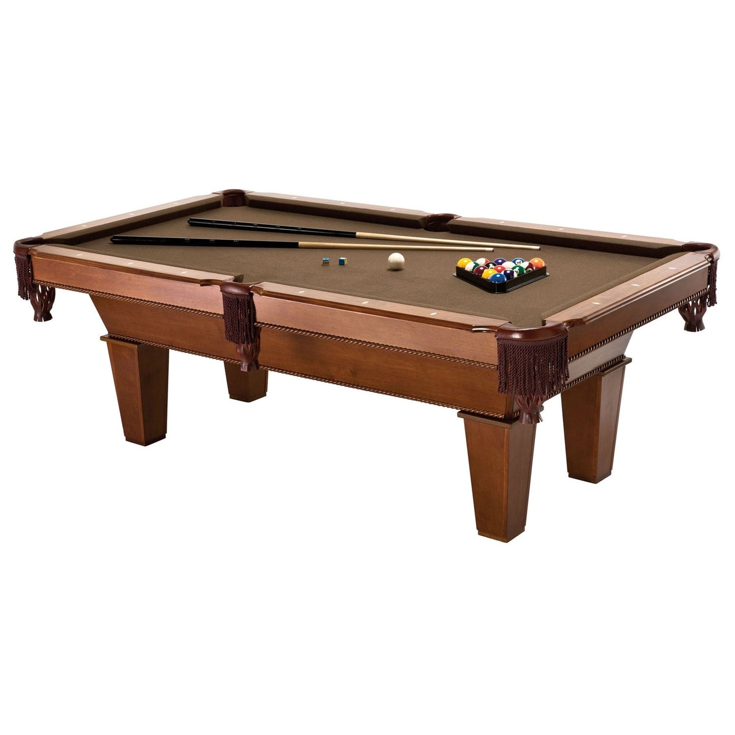 7Ft Brown Wool Cloth Top Pool Table with 2 Cues and Billiards Balls