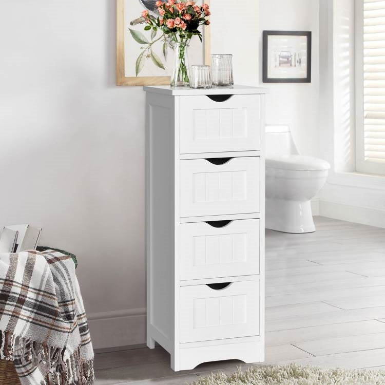 Modern Farmhouse 4-Drawer Bathroom Linen Floor Cabinet in White Wood Finish