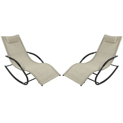 Set of 2 Beige Rocking Chaise Lounger Patio Lounge Chair with Pillow