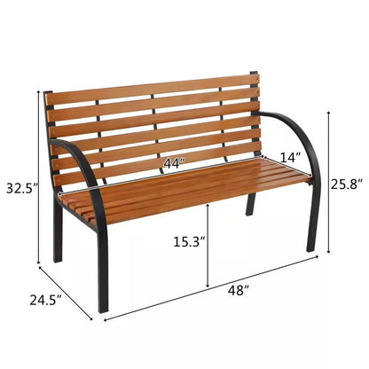 Black Metal Frame Outdoor Wood Slat Garden Bench with Curved Armrests