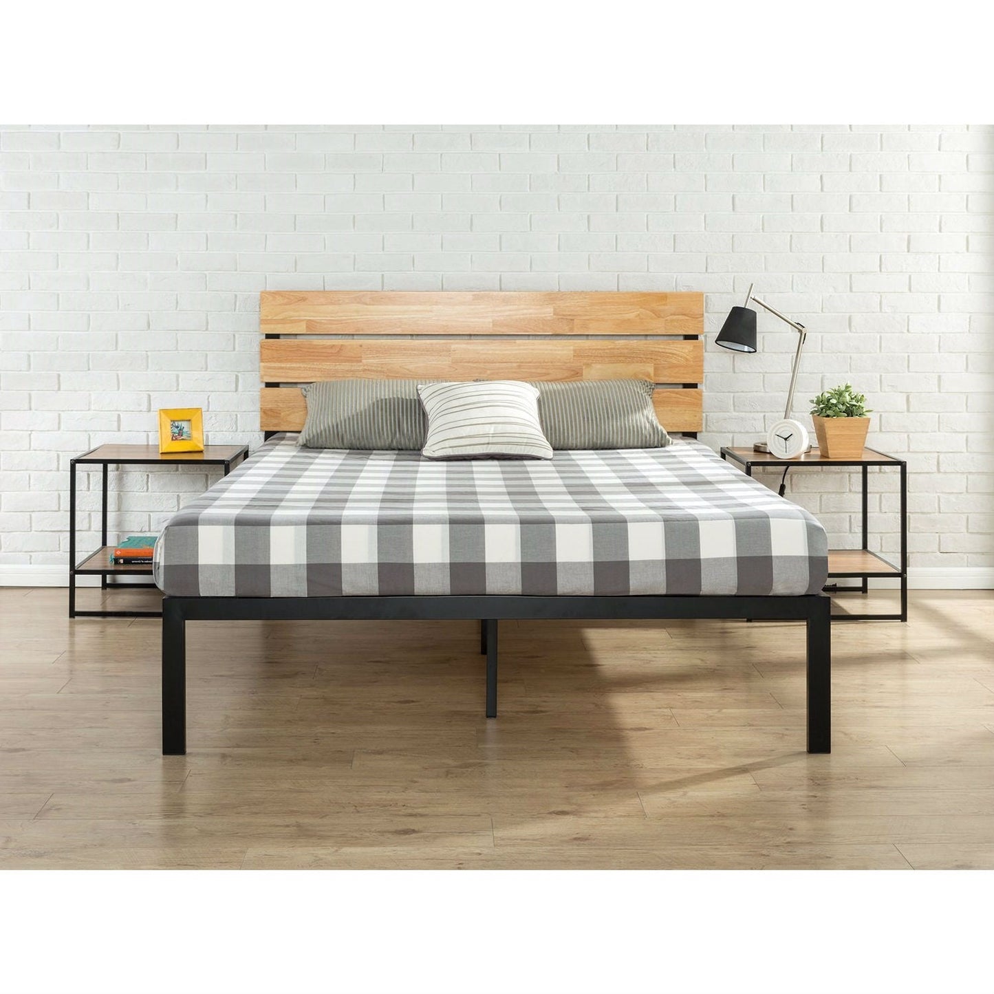 Full size Metal Platform Bed Frame with Wood Slats and Headboard