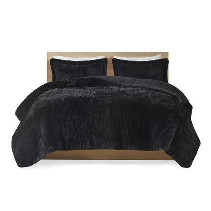 Full/Queen Black Soft Sherpa Faux Fur 3-Piece Comforter Set with Pillow Shams